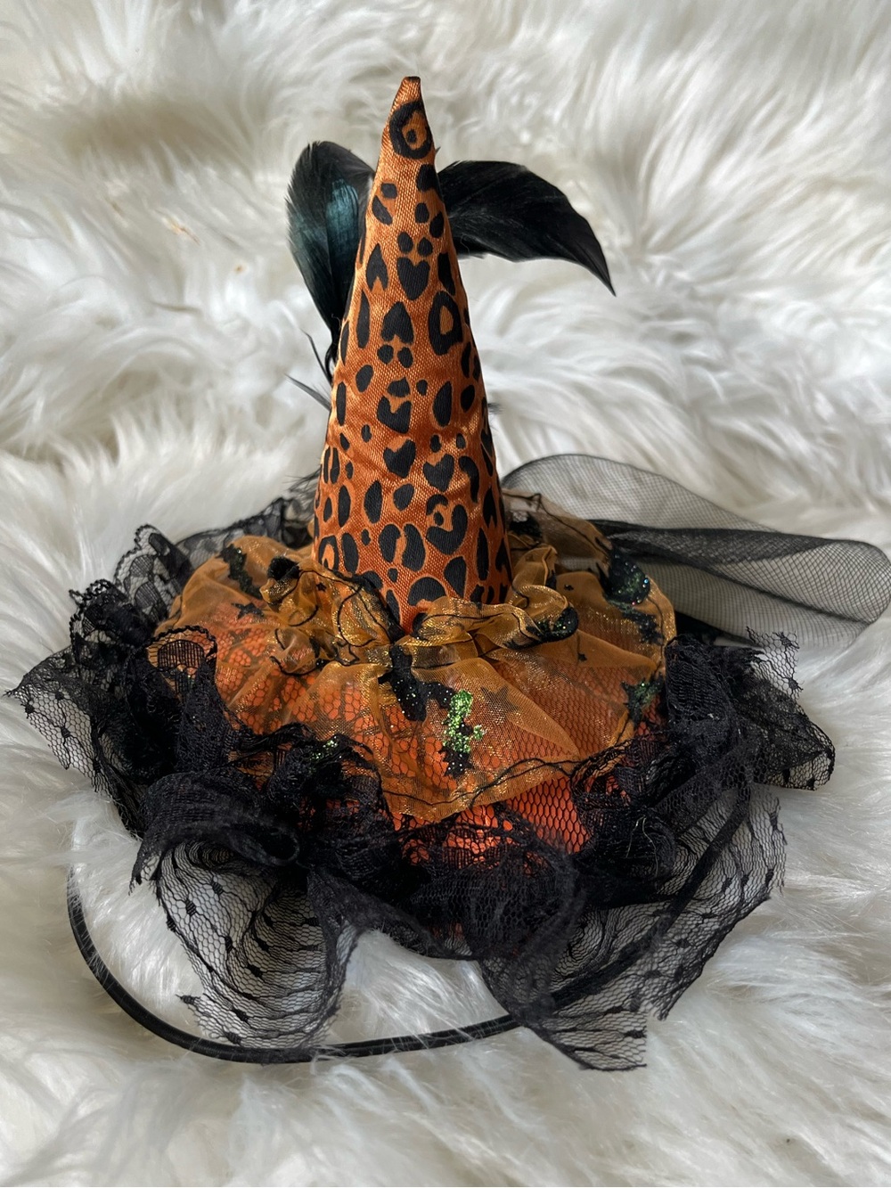 WITCH HAT FASTNER PIER 1 Orange Leopard Witch Hat with Black Lace
